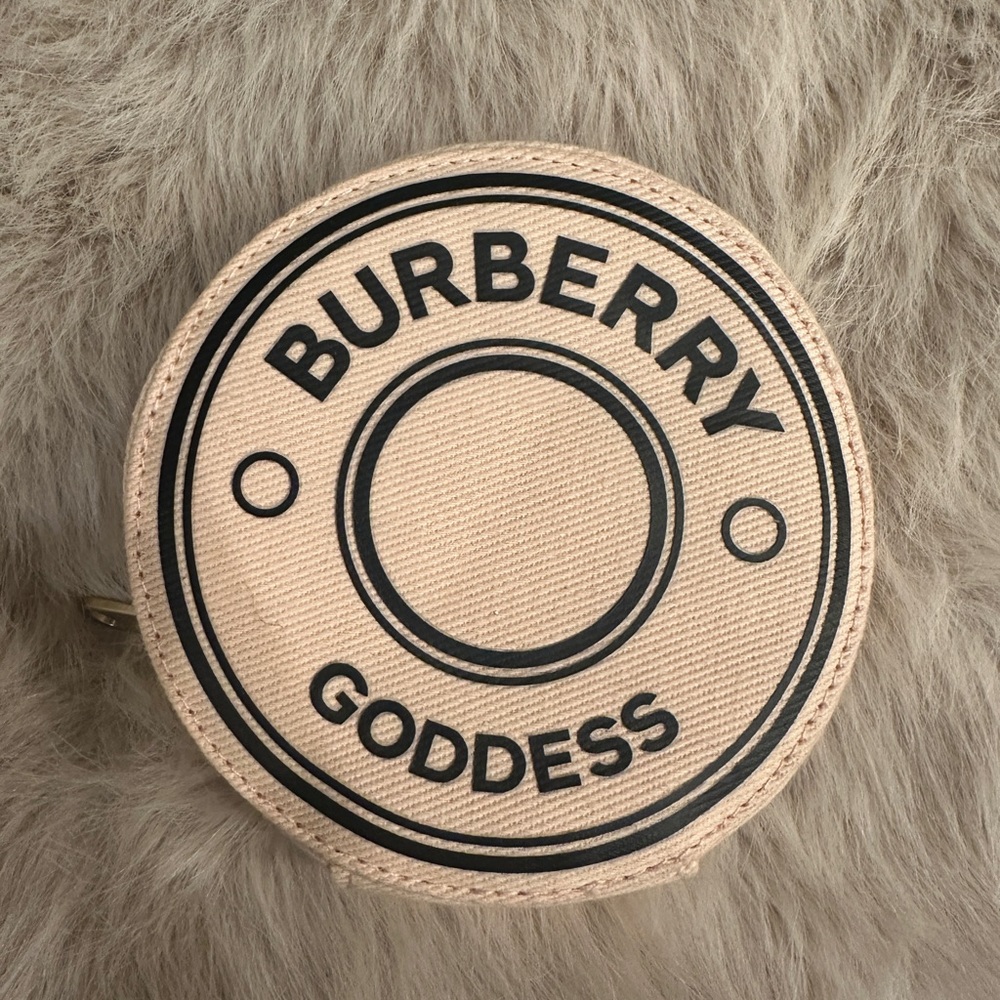 Burberry Beige Canvas 'Goddess' Round Cosmetic Pouch with Black Print